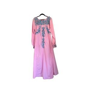 Vintage Baby Pink Hand Embroidered Vintage 1970s Floral Maxi Dress